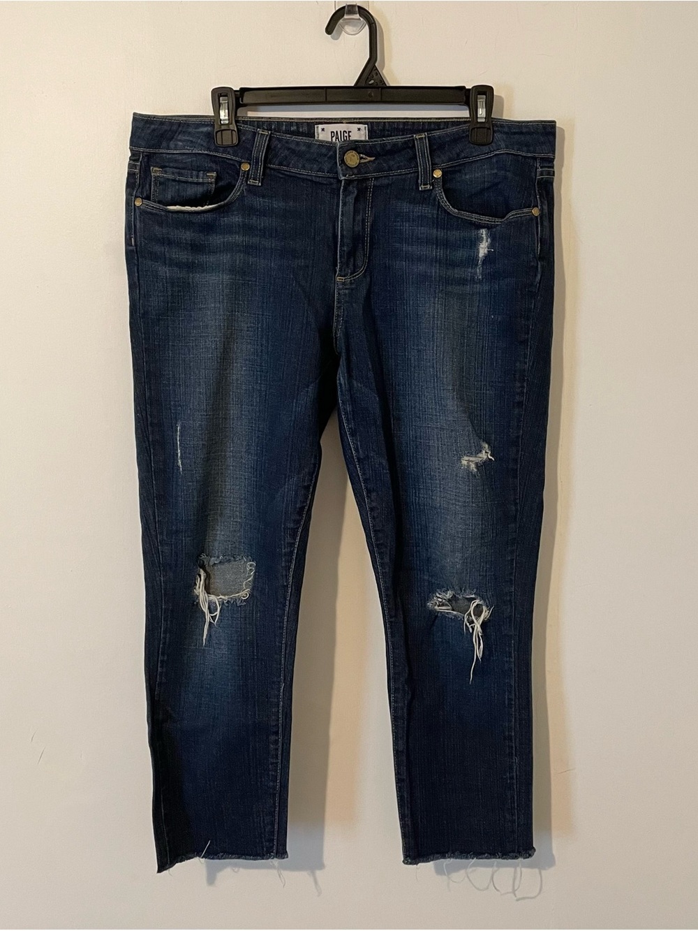 Paige Verdugo Ultra Skinny Raw Hem Ankle Blue Denim Jeans Size 32 Distressed